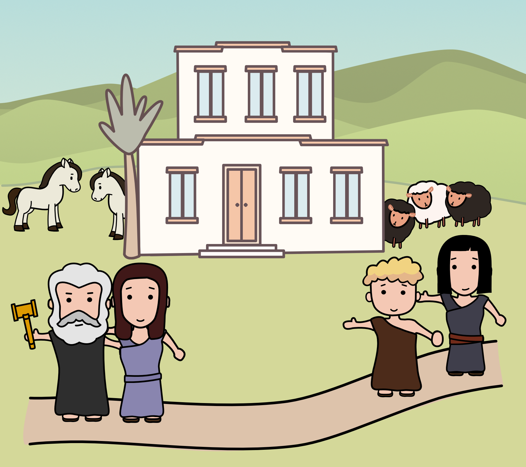 A picture of Mark's family in front of their house, along with horses and sheep.