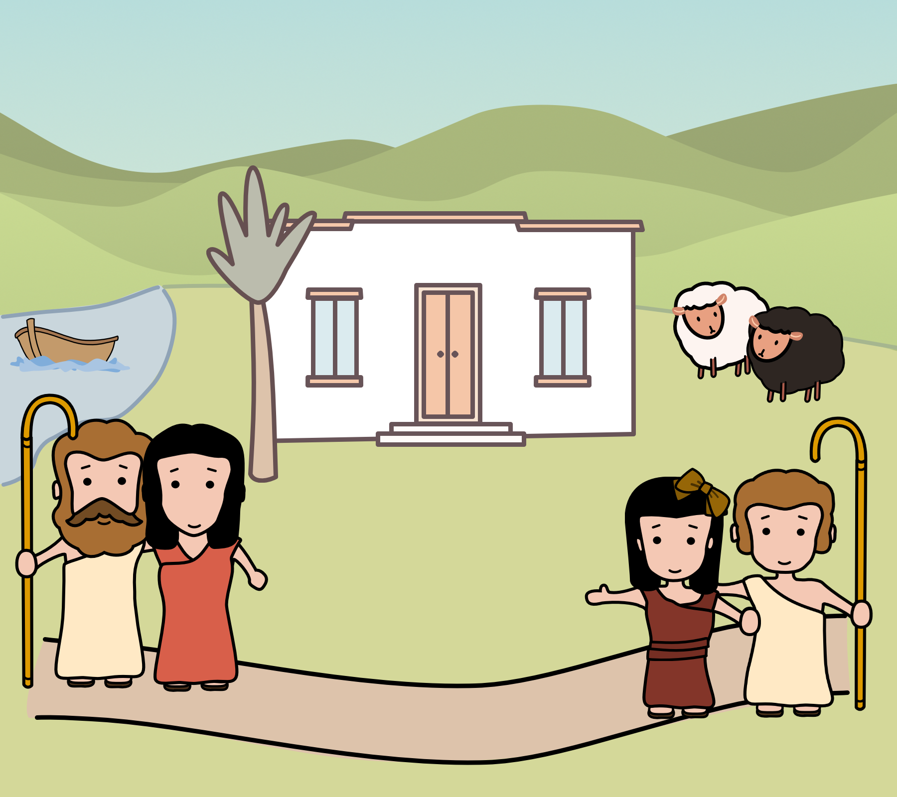 A picture of Peter's family in front of their house, along with sheep and a boat.